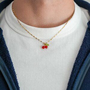 simple red cherry charm dainty necklace